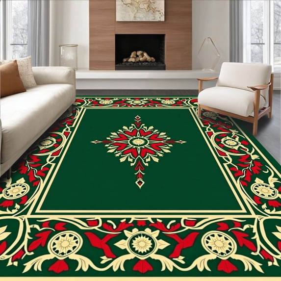 ODIKA 3'x5' Machine Washable Non-Slip Area Rug, Vintage Christmas Ornament Medallion with Holly Leaf Borders High Traffic Rug with Pad, Green, 644687