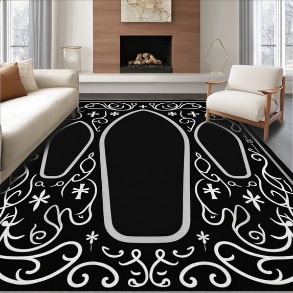 ODIKA 3'x5' Machine Washable Non-Slip Area Rug, Vintage Coffin Bath with Ornate Gothic Cross Details High Traffic Rug, Black, 655805