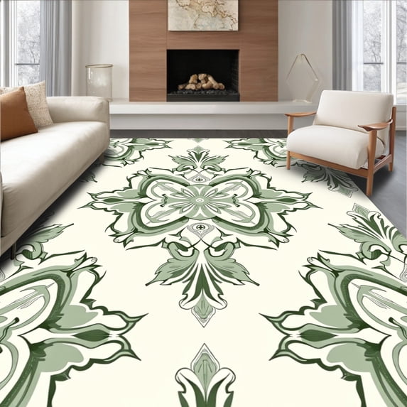 ODIKA 3'x5' Machine Washable Non-Slip Area Rug, Vintage Distressed Damask with Ornate Scrollwork Elegant Traditional High Traffic Rug, Green, 590564