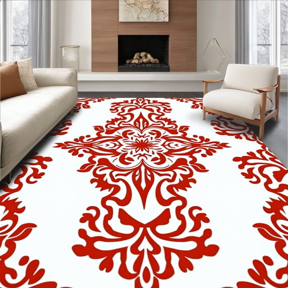 ODIKA 3'x5' Machine Washable Non-Slip Area Rug, Vintage Garden Damask with Elaborate Petal Flourishes High Traffic Rug, Red, 661357