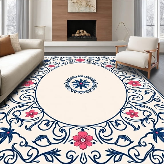 ODIKA 3'x5' Machine Washable Non-Slip Area Rug, Vintage Garden Scrollwork with Stylized Blooming Vines High Traffic Rug with Pad, Ivory, 360323
