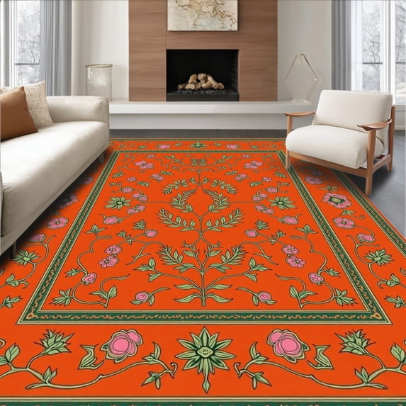 ODIKA 3'x5' Machine Washable Non-Slip Area Rug, Vintage Garden with Stylized Blossoms and Ivy Vines High Traffic Rug, Orange, 704251