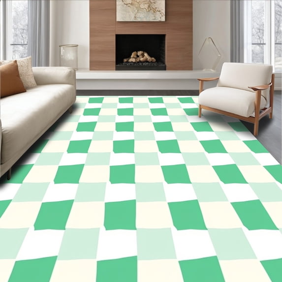 ODIKA 3'x5' Machine Washable Non-Slip Area Rug, Vintage Gingham Welcome with Retro Checkerboard Design High Traffic Rug with Pad, Green, 615679