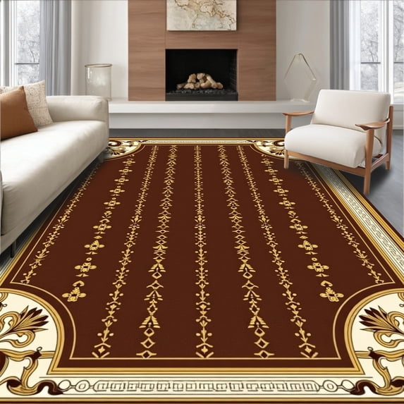 ODIKA 3'x5' Machine Washable Non-Slip Area Rug, Vintage Hide Effect Featuring Spotted and Curved Baroque Details High Traffic Rug with Pad, Brown, 507957