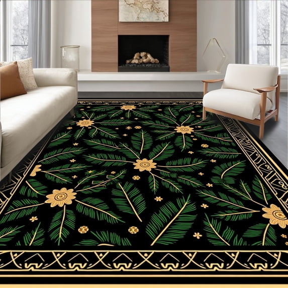 ODIKA 3'x5' Machine Washable Non-Slip Area Rug, Vintage Holiday with Pinecone Accents High Traffic Rug with Pad, Black, 654435