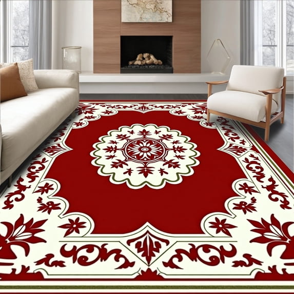 ODIKA 3'x5' Machine Washable Non-Slip Area Rug, Vintage Medallion Botanical Design with Flourishing Baroque Scrolls High Traffic Rug with Pad, Red, 611792