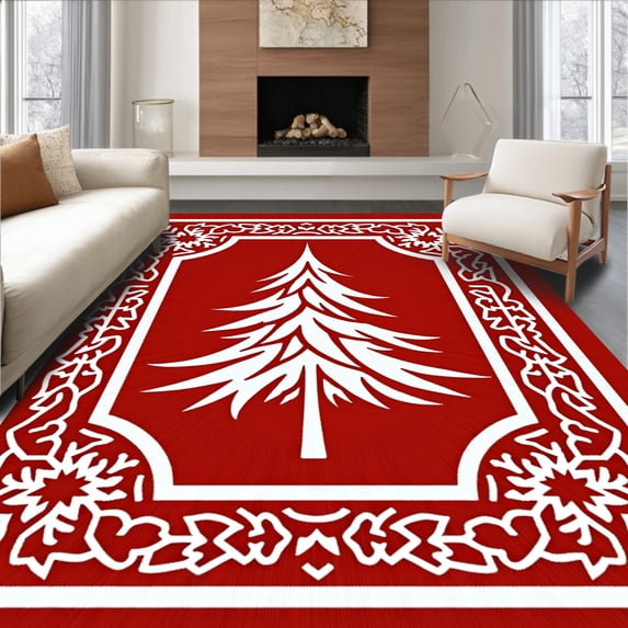 ODIKA 3'x5' Machine Washable Non-Slip Area Rug, Vintage Nordic Pine Tree with Snowflake Embroidery High Traffic Rug, Red, 620321