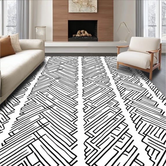 ODIKA 3'x5' Machine Washable Non-Slip Area Rug, Vintage Nouveau Boho Zigzag High Traffic Rug, Black, 460967