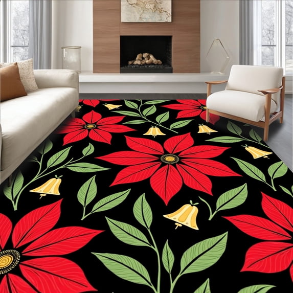 ODIKA 3'x5' Machine Washable Non-Slip Area Rug, Vintage Poinsettia Bloom Entry with Golden Bell Embellishments High Traffic Rug, Red, 734742