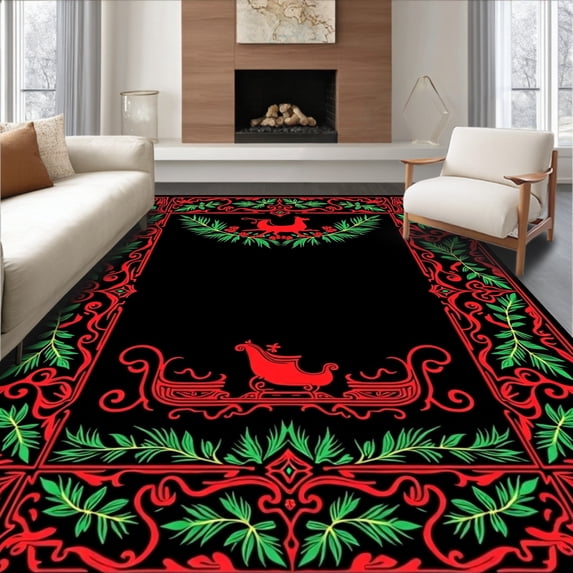 ODIKA 3'x5' Machine Washable Non-Slip Area Rug, Vintage Santa Sleigh Motif with Festive Flourishes Classic Art High Traffic Rug, Black, 626587