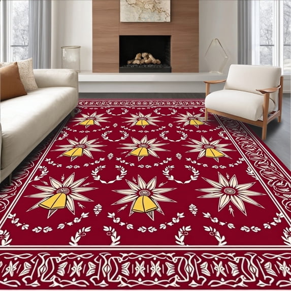 ODIKA 3'x5' Machine Washable Non-Slip Area Rug, Vintage Sleigh Bells Interlocking Festive Charm High Traffic Rug with Pad, Red, 621747