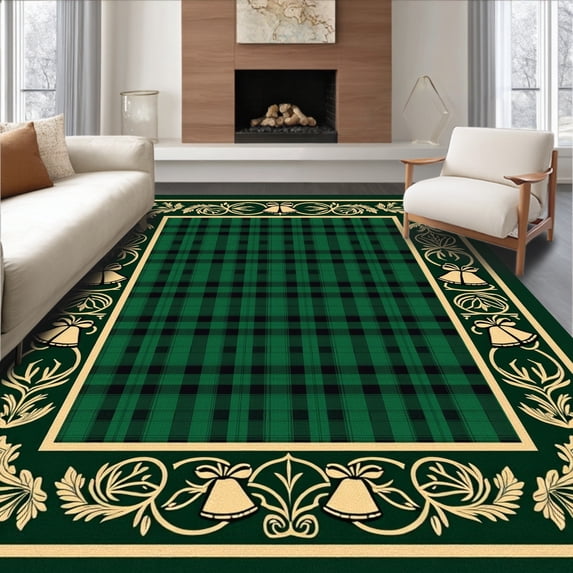 ODIKA 3'x5' Machine Washable Non-Slip Area Rug, Vintage Sleigh Bells and Pinecones Plaid Ornament High Traffic Rug with Pad, Green, 627579