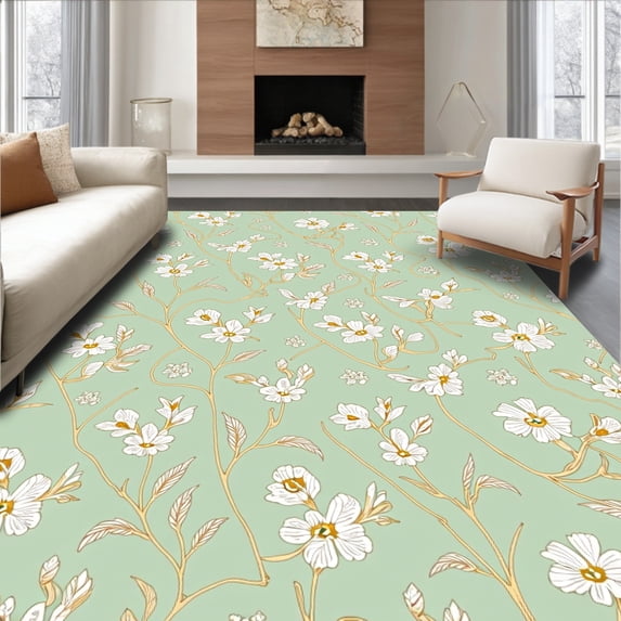 ODIKA 3'x5' Machine Washable Non-Slip Area Rug, Vintage Wildflower Scrollwork Art Nouveau Influence High Traffic Rug with Pad, Green, 451614