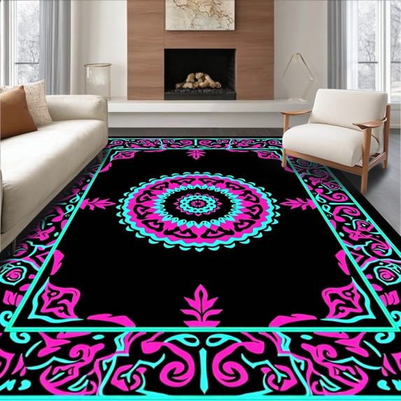 ODIKA 3'x5' Machine Washable Non-Slip Area Rug, Vivid Marine Fantasy with Interlocking Festive Flourishes High Traffic Rug with Pad, Pink, 745424