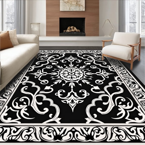 ODIKA 3'x5' Machine Washable Non-Slip Area Rug, Wavy Border Medallion Damask Swirl Vintage Ornamental High Traffic Rug with Pad, Black, 478336