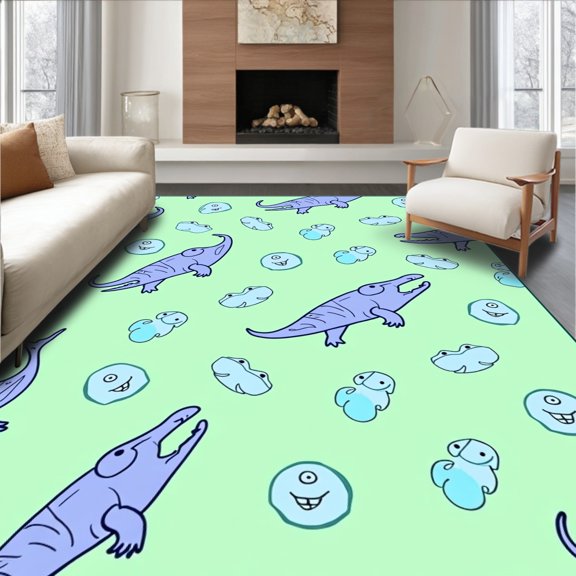 ODIKA 3x5 Machine Washable Non-Slip Area Rug, Whimsical Alligator Daydreaming with Floating Frogs and Bubbles Illustration High Traffic Rug, Green, 720508
