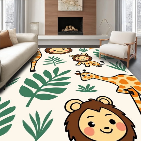 ODIKA 3'x5' Machine Washable Non-Slip Area Rug, Whimsical Animal Adventure Featuring Smiling Jungle Creatures and Foliage High Traffic Rug, Beige, 684059