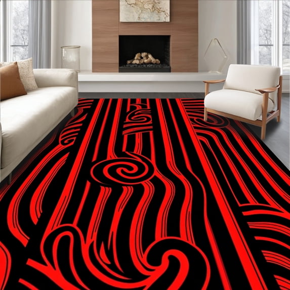 ODIKA 3'x5' Machine Washable Non-Slip Area Rug, Whimsical Cane Stripe Holiday with Peppermint Swirl Design High Traffic Rug with Pad, Black, 651553