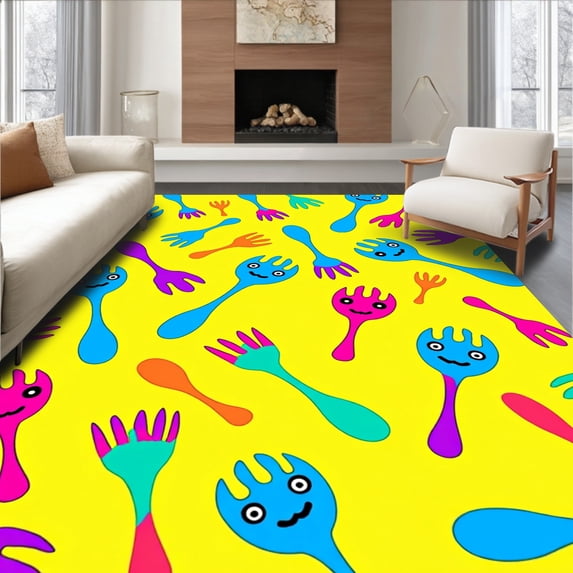 ODIKA 3'x5' Machine Washable Non-Slip Area Rug, Whimsical Cartoon Eating Implements Welcome Playful High Traffic Rug with Pad, Yellow, 734933