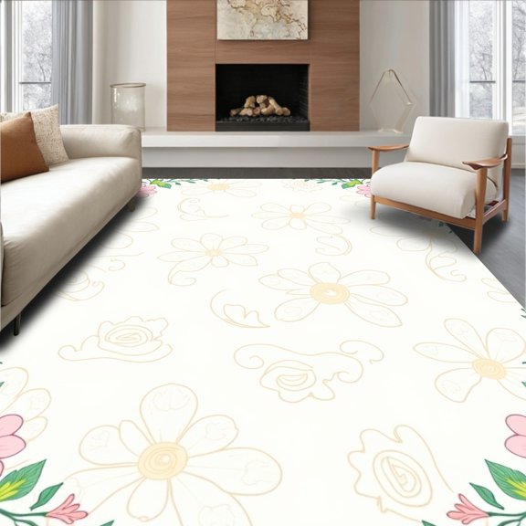 ODIKA 3x5 Machine Washable Non-Slip Area Rug, Whimsical Enchanted Garden Blooms Swirls Magical Fairy Tale Charm High Traffic Rug, Pink, 594035