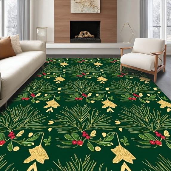 ODIKA 3'x5' Machine Washable Non-Slip Area Rug, Whimsical Evergreen Interlocking Pine Needle and Holly Design High Traffic Rug, Green, 503473