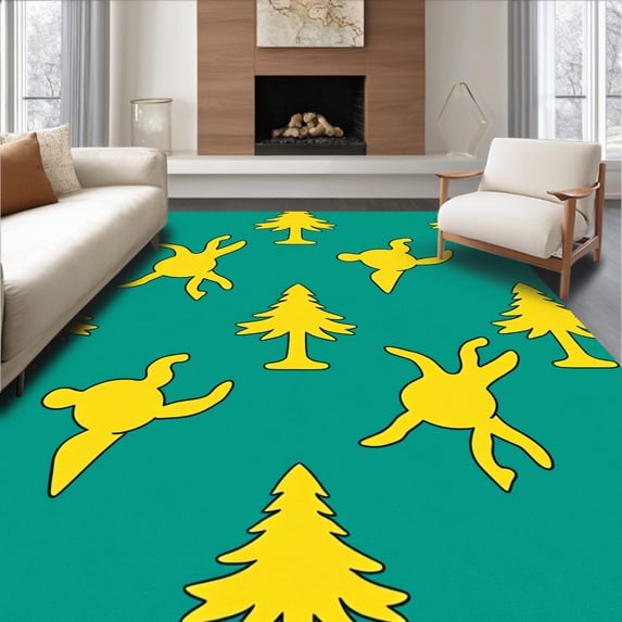 ODIKA 3'x5' Machine Washable Non-Slip Area Rug, Whimsical Fir Tree Yoga Stance Half Circle Floor Covering Namaste High Traffic Rug with Pad, Yellow, 612628
