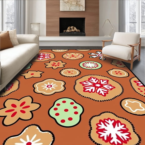 ODIKA 3'x5' Machine Washable Non-Slip Area Rug, Whimsical Gingerbread Cookie Featuring Snowflake and Details High Traffic Rug, Brown, 623481