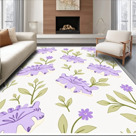 ODIKA 3'x5' Machine Washable Non-Slip Area Rug, Whimsical Highland Ox with Abstract Animal Inspired Floral Accents High Traffic Rug, Purple, 636509