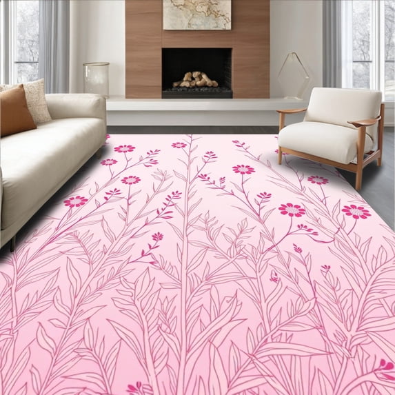 ODIKA 3'x5' Machine Washable Non-Slip Area Rug, Whimsical Meadow Motif with Playful Buds and Filigree Stems High Traffic Rug, Pink, 360324