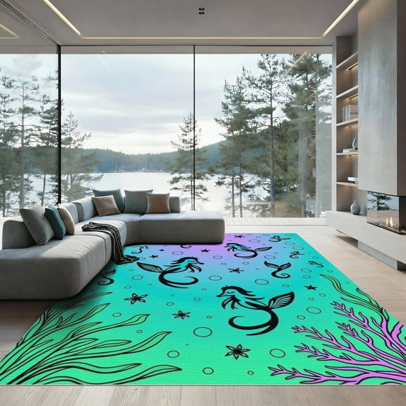 ODIKA 3'x5' Machine Washable Non-Slip Area Rug, Whimsical Mermaid Cove Seahorse Starfish Decorative High Traffic Rug with Pad, Green, 931402