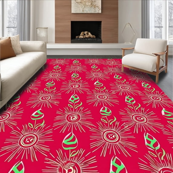 ODIKA 3'x5' Machine Washable Non-Slip Area Rug, Whimsical Peppermint Cane Interlocking Starburst Celebration High Traffic Rug with Pad, Red, 647856