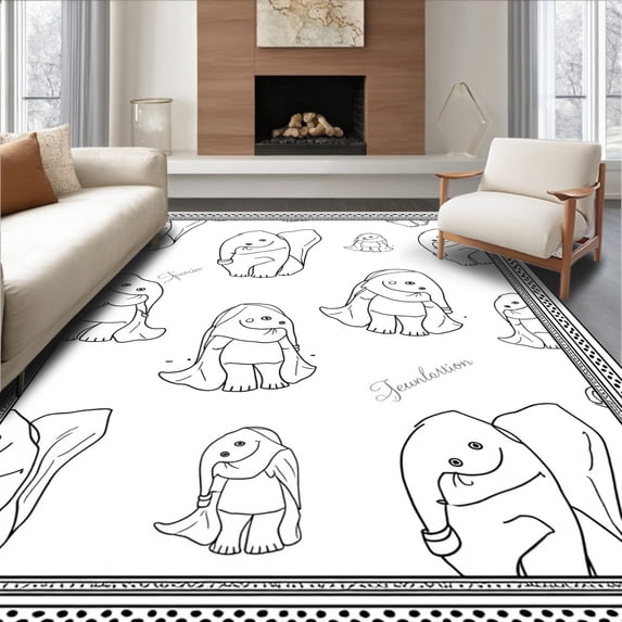 ODIKA 3'x5' Machine Washable Non-Slip Area Rug, Whimsical Safari Creature Hook Stitch Canvas Beginner Artwork High Traffic Rug with Pad, Black, 647565