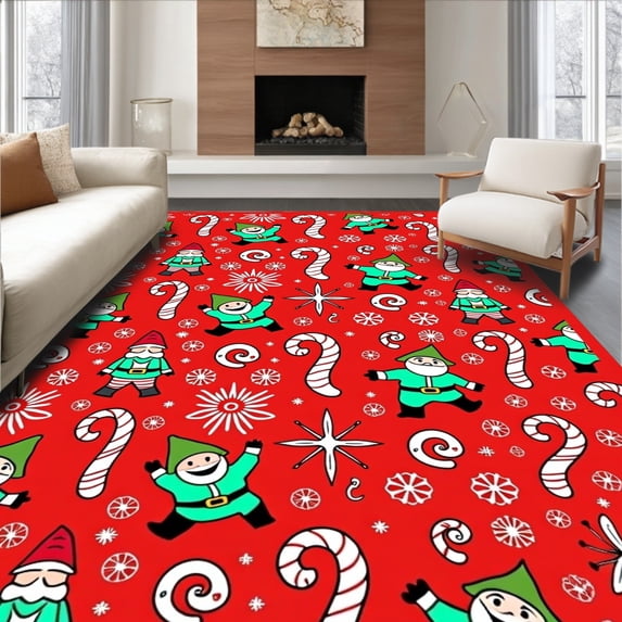 ODIKA 3'x5' Machine Washable Non-Slip Area Rug, Whimsical Santa with Cane Stripes and Starbursts High Traffic Rug with Pad, Red, 629914