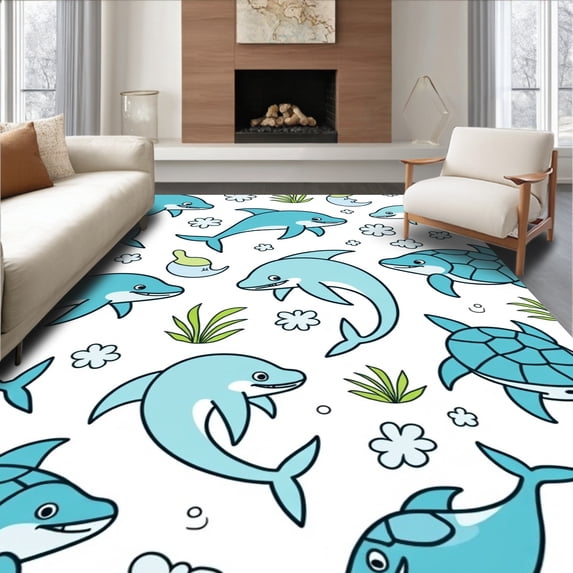 ODIKA 3'x5' Machine Washable Non-Slip Area Rug, Whimsical Sea Creatures Bathroom Accessories Complete High Traffic Rug with Pad, Blue, 720738