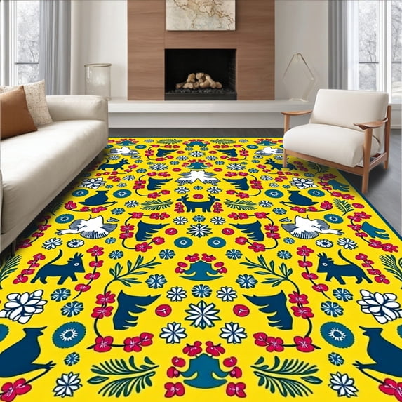 ODIKA 3'x5' Machine Washable Non-Slip Area Rug, Whimsical Snowy Woodland Creatures and Berry High Traffic Rug with Pad, Yellow, 625437