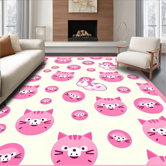ODIKA 3'x5' Machine Washable Non-Slip Area Rug, Whimsical Spotted Feline Cartoon with Playful Animal Design High Traffic Rug, Pink, 724777