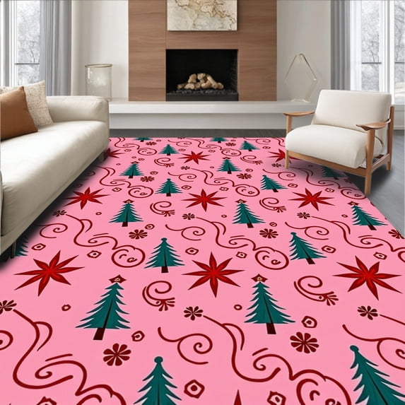ODIKA 3'x5' Machine Washable Non-Slip Area Rug, Whimsical Winter Wonderland Trees And Starburst Festive Arrangement High Traffic Rug with Pad, Pink, 735617
