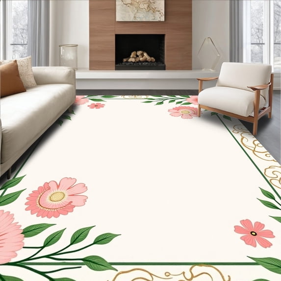ODIKA 3'x5' Machine Washable Non-Slip Area Rug, Wild Meadow Blossom with Delicate Petal Swirls and Vine Accents High Traffic Rug, Pink, 482114