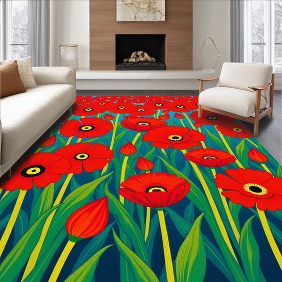 ODIKA 3'x5' Machine Washable Non-Slip Area Rug, Wild Meadow Poppy Blossom Decorative Floral Art Design High Traffic Rug with Pad, Red, 637839