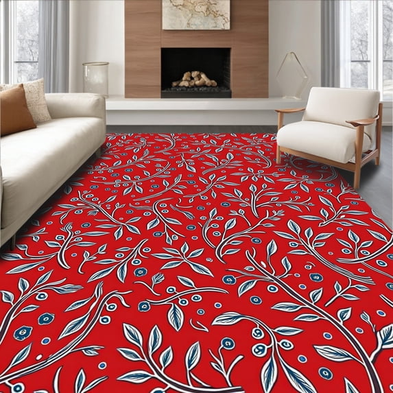 ODIKA 3'x5' Machine Washable Non-Slip Area Rug, Winter Berry Embroidery Kit Featuring Interlaced Festive High Traffic Rug with Pad, Red, 644489