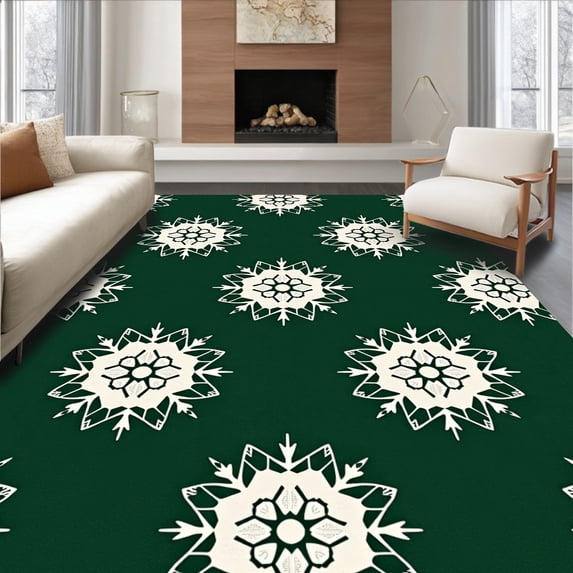 ODIKA 3'x5' Machine Washable Non-Slip Area Rug, Winter Snowflake Medallion Design Seasonal Celebration Floor Covering High Traffic Rug with Pad, Green, 613253
