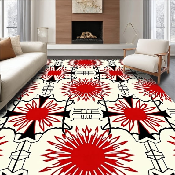 ODIKA 3'x5' Machine Washable Non-Slip Area Rug, Winter Starburst Plaid with Festive Checkered Detailing High Traffic Rug with Pad, Red, 622567