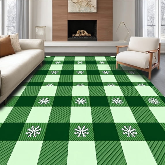 ODIKA 3'x5' Machine Washable Non-Slip Area Rug, Winter Wonderland Buffalo Check Adornment High Traffic Rug with Pad, Green, 503958