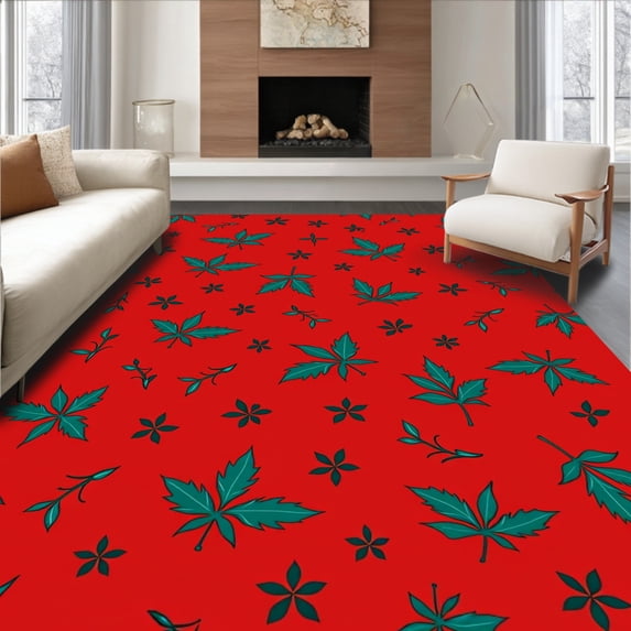 ODIKA 3'x5' Machine Washable Non-Slip Area Rug, Winter Wonderland Holly Leaf Patterned Festive Hearth Statement High Traffic Rug with Pad, Red, 432989