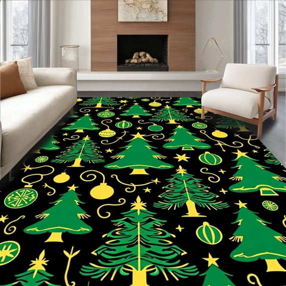 ODIKA 3'x5' Machine Washable Non-Slip Area Rug, Winter Wonderland Pine Tree Cluster with Ornament Embellishments High Traffic Rug, Black, 743697