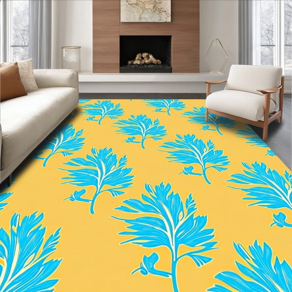 ODIKA 3'x5' Machine Washable Non-Slip Area Rug, Winter Wonderland with Interlocking Snow Petal and Fern Filigree High Traffic Rug, Yellow, 629832