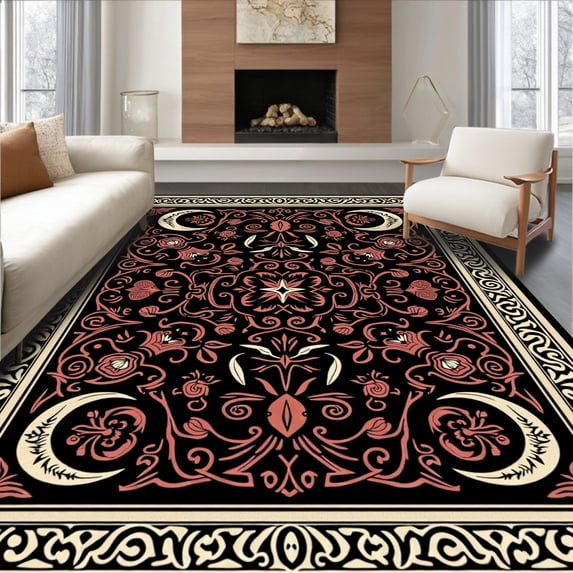 ODIKA 3'x5' Machine Washable Non-Slip Area Rug, Witchy Moon and Floral Bones Ornate High Traffic Rug with Pad, Black, 514469