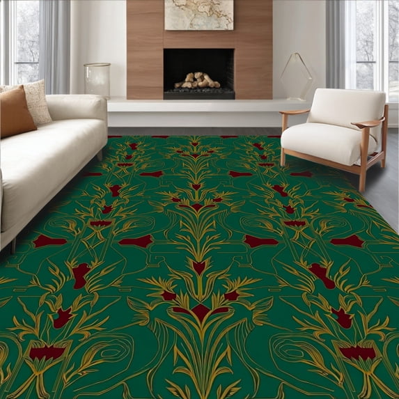 ODIKA 3'x5' Machine Washable Non-Slip Area Rug, Yuletide Fir Branch Decorative High Traffic Rug with Pad, Green, 735631