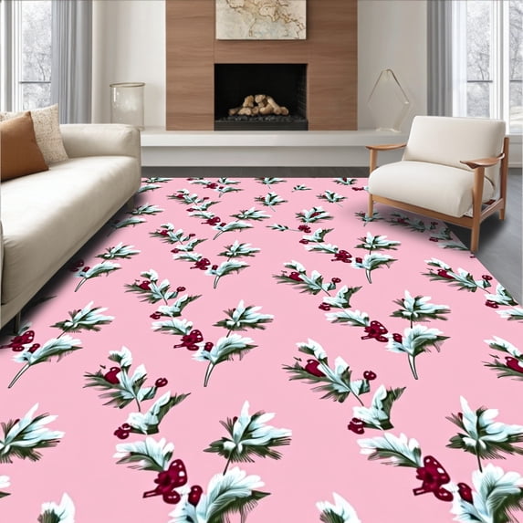 ODIKA 3'x5' Machine Washable Non-Slip Area Rug, Yuletide Spruce Entrance with Frosted Berry Details High Traffic Rug with Pad, Pink, 731860