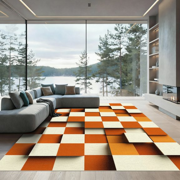 ODIKA 4' x 6' Machine Washable Non-Slip Area Rug, 3d checkered High Traffic Rug, Orange, 1260647
